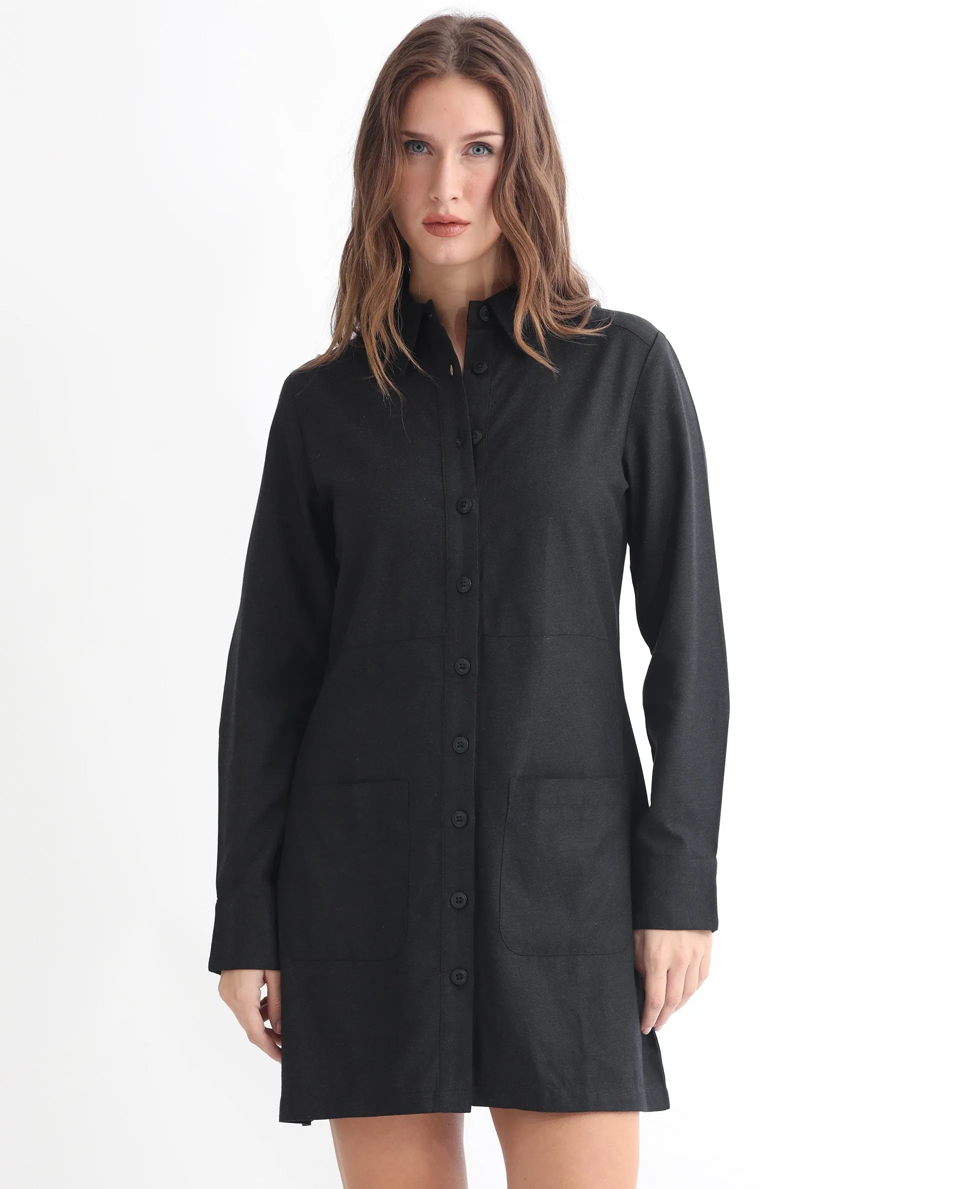 Rareism Women Pricot Black Polyester Fabric Full Sleeves Button Closure Shirt Collar Cuffed Sleeve Regular Fit Plain Short Boxy Dress