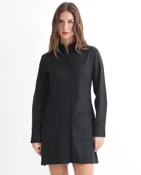 Rareism Women Pricot Black Polyester Fabric Full Sleeves Button Closure Shirt Collar Cuffed Sleeve Regular Fit Plain Short Boxy Dress