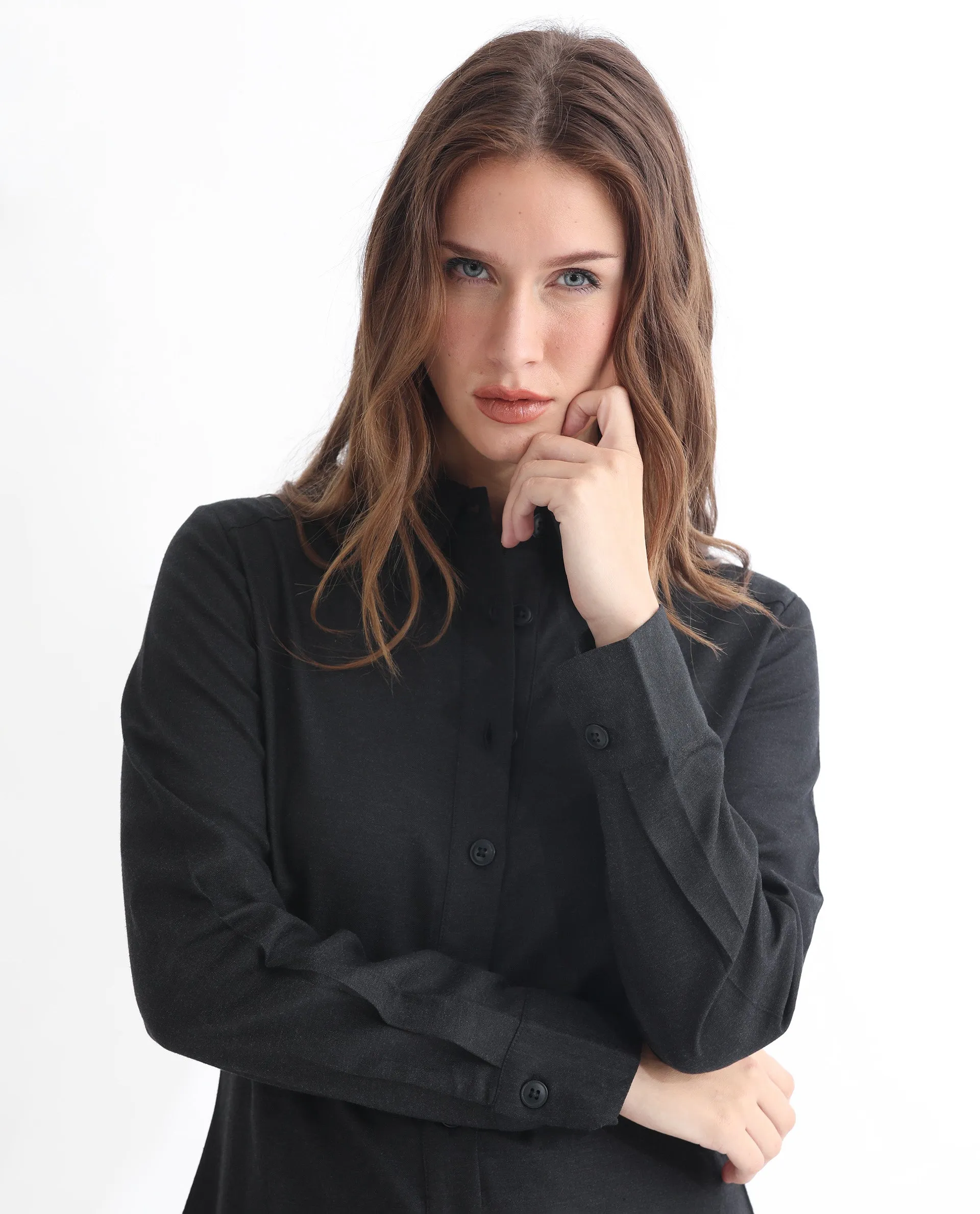 Rareism Women Pricot Black Polyester Fabric Full Sleeves Button Closure Shirt Collar Cuffed Sleeve Regular Fit Plain Short Boxy Dress