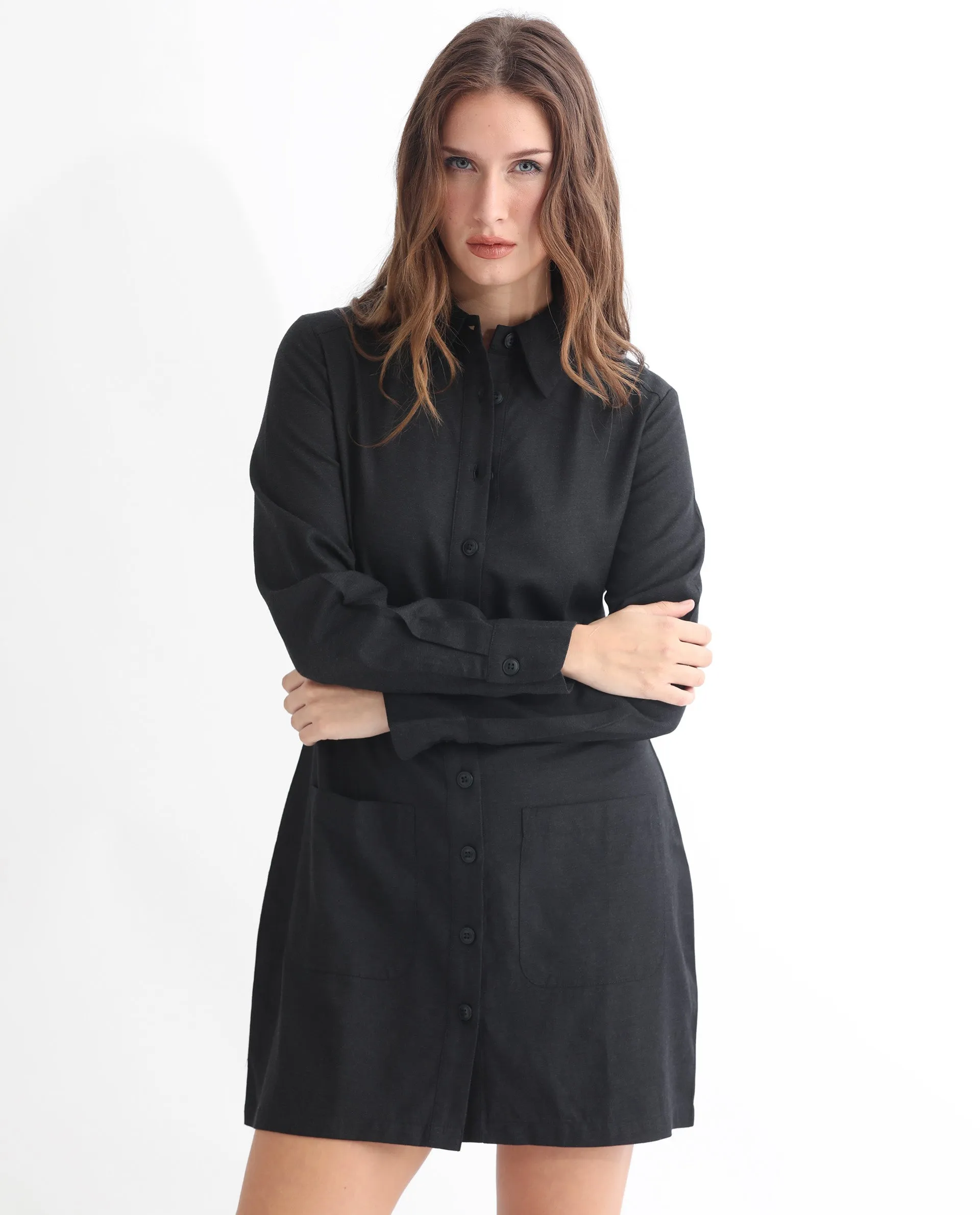 Rareism Women Pricot Black Polyester Fabric Full Sleeves Button Closure Shirt Collar Cuffed Sleeve Regular Fit Plain Short Boxy Dress