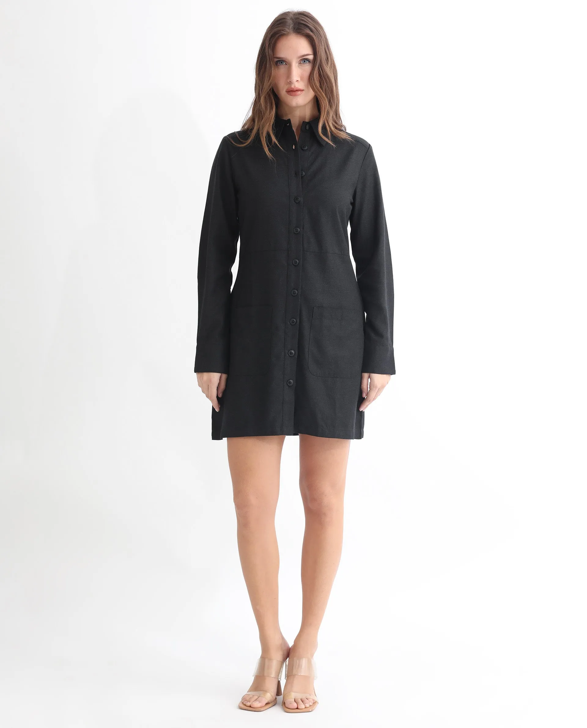 Rareism Women Pricot Black Polyester Fabric Full Sleeves Button Closure Shirt Collar Cuffed Sleeve Regular Fit Plain Short Boxy Dress
