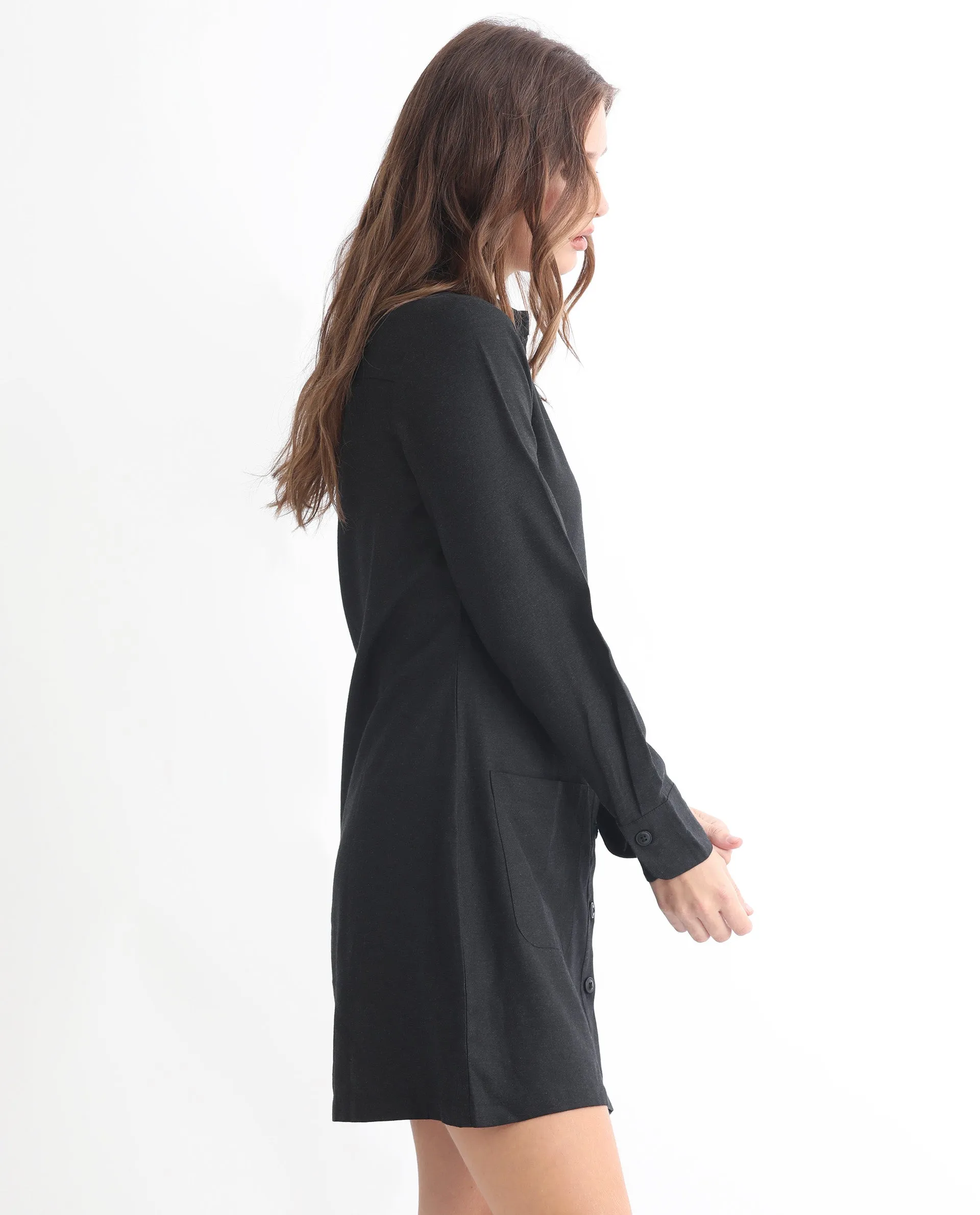 Rareism Women Pricot Black Polyester Fabric Full Sleeves Button Closure Shirt Collar Cuffed Sleeve Regular Fit Plain Short Boxy Dress