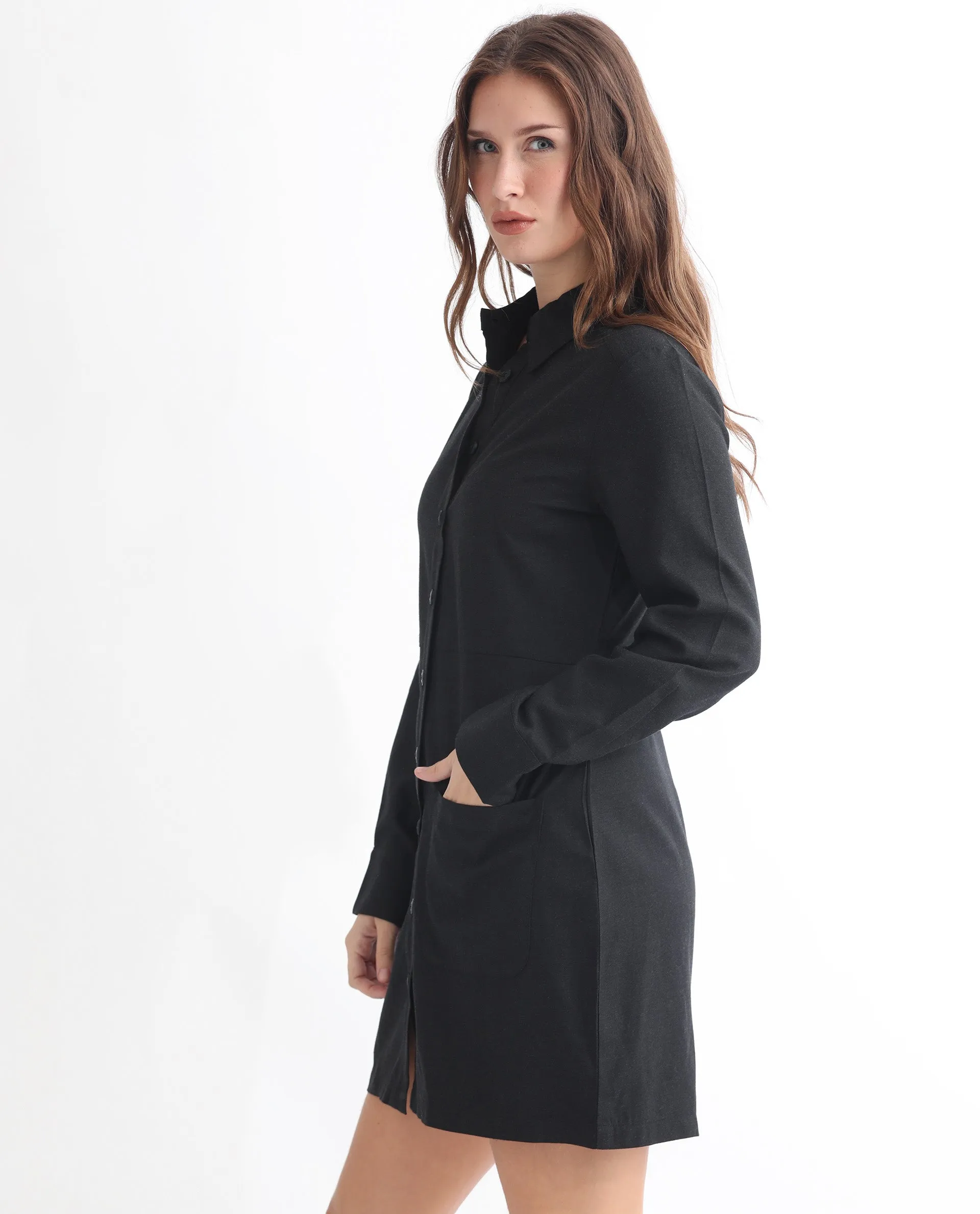 Rareism Women Pricot Black Polyester Fabric Full Sleeves Button Closure Shirt Collar Cuffed Sleeve Regular Fit Plain Short Boxy Dress