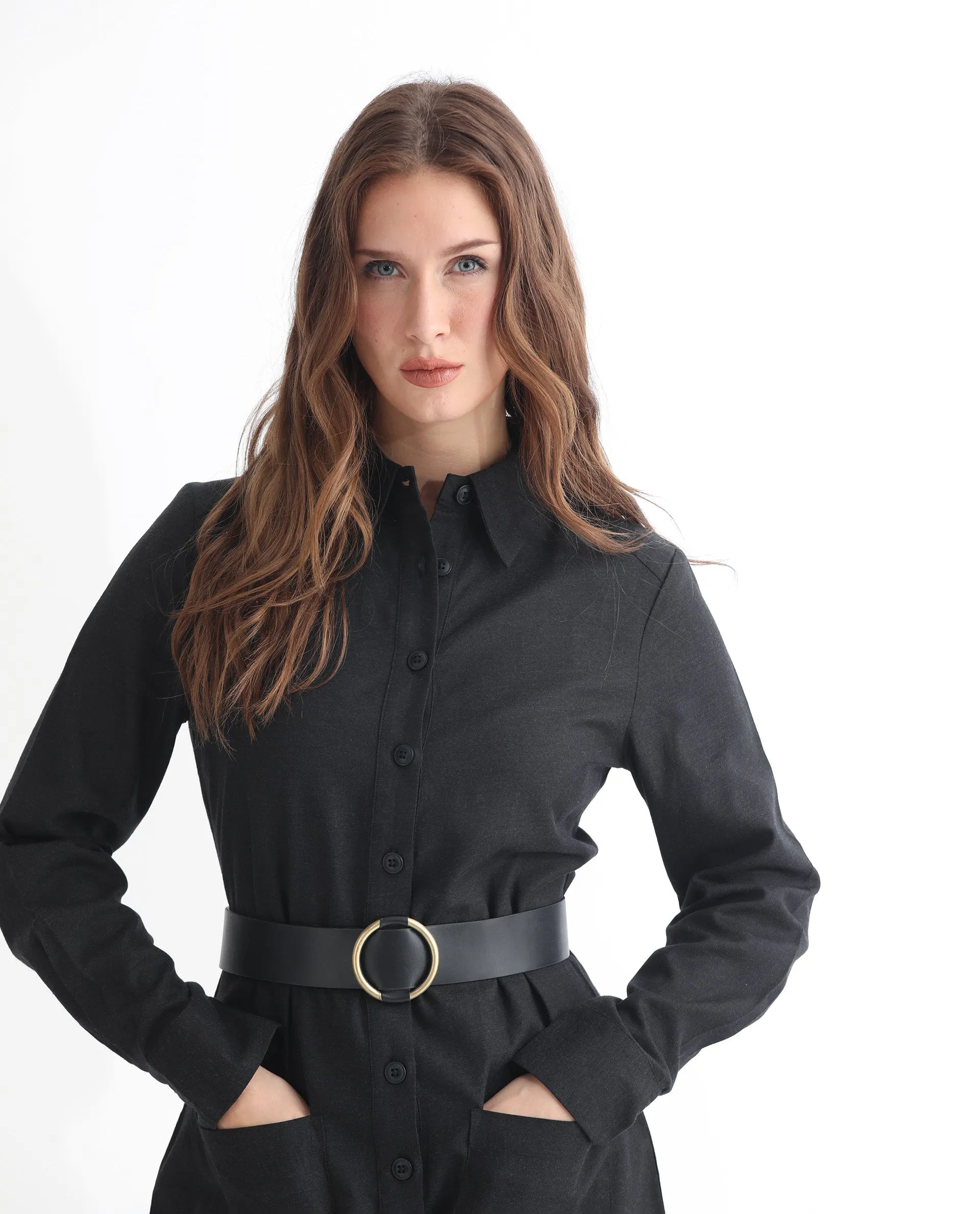 Rareism Women Pricot Black Polyester Fabric Full Sleeves Button Closure Shirt Collar Cuffed Sleeve Regular Fit Plain Short Boxy Dress