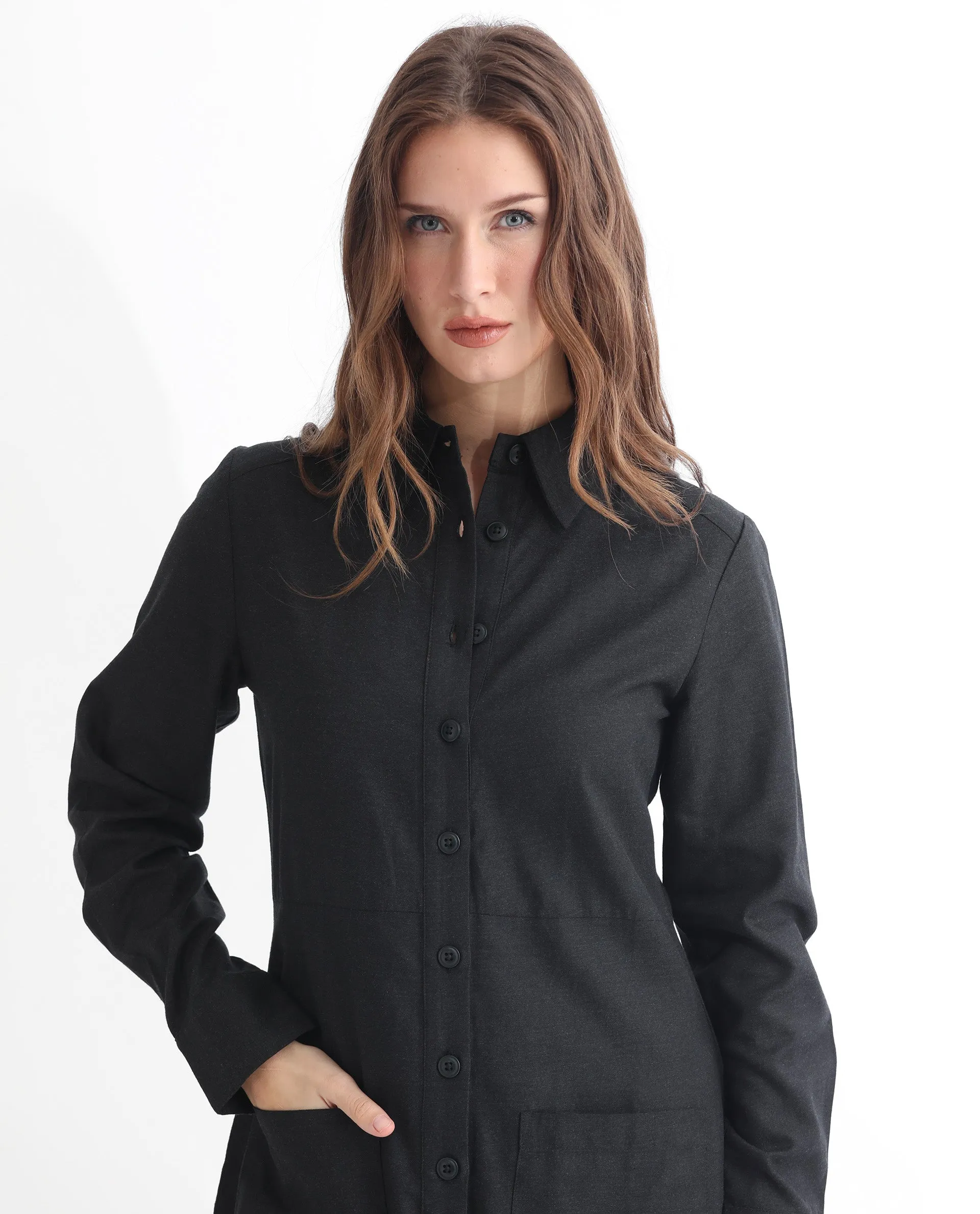 Rareism Women Pricot Black Polyester Fabric Full Sleeves Button Closure Shirt Collar Cuffed Sleeve Regular Fit Plain Short Boxy Dress