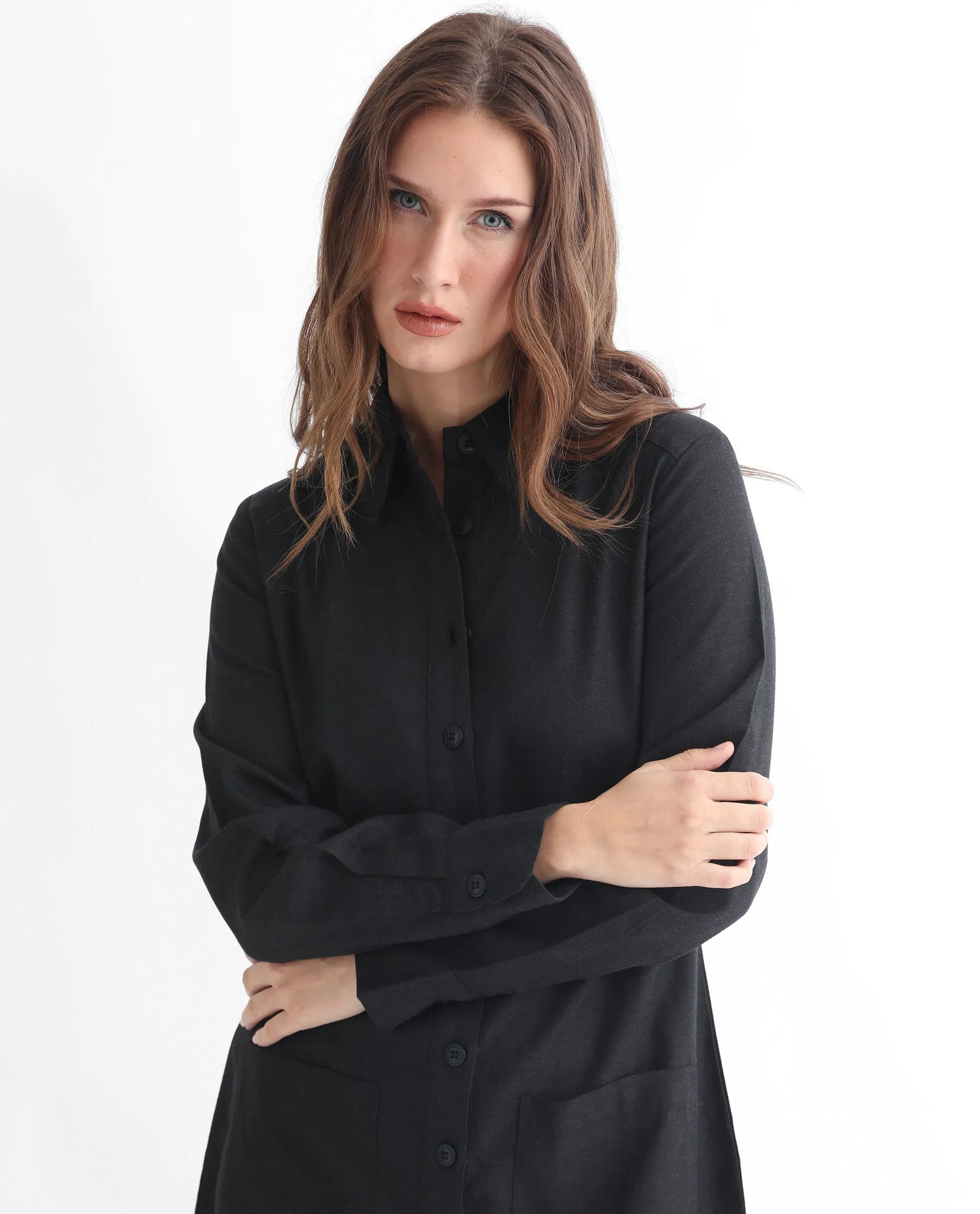 Rareism Women Pricot Black Polyester Fabric Full Sleeves Button Closure Shirt Collar Cuffed Sleeve Regular Fit Plain Short Boxy Dress