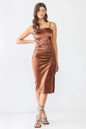Satin Square Neck-Line Strappy Ruched Midi Dress