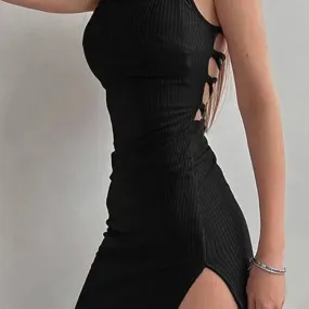 Sexy Black Long Bodycon Dress Women Summer Halter Neck High Split