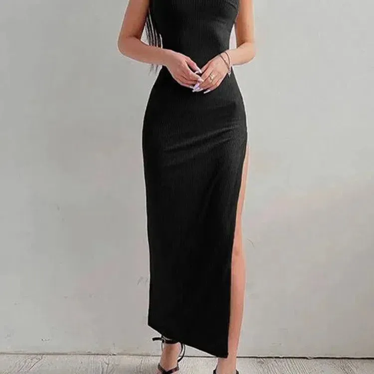 Sexy Black Long Bodycon Dress Women Summer Halter Neck High Split