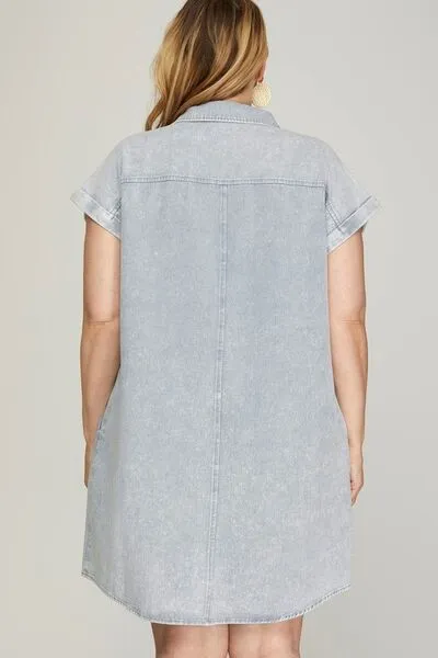 She   Sky Full Size Folded Cuff Button Down Washed Twill Shirt Dress