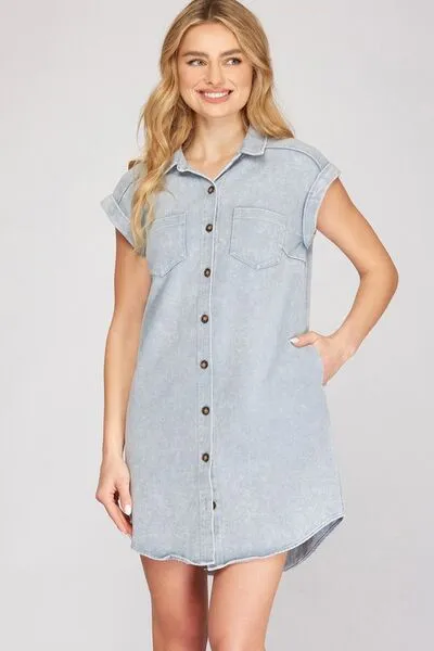 She   Sky Full Size Folded Cuff Button Down Washed Twill Shirt Dress