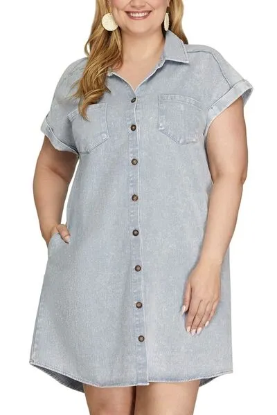 She   Sky Full Size Folded Cuff Button Down Washed Twill Shirt Dress