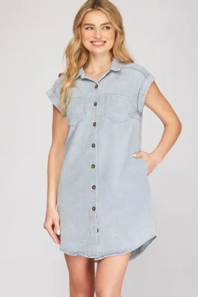 She   Sky Full Size Folded Cuff Button Down Washed Twill Shirt Dress