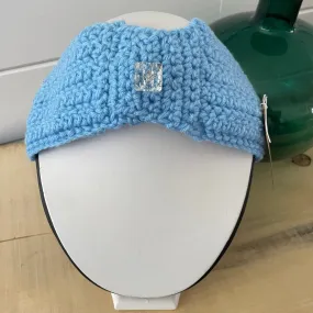 Solid Light Blue & Sparkle Button Ear Warmer Headband Crochet Knit Hand Crafted Outdoor Fall Winter Hiking Running Pastel Baby Blue