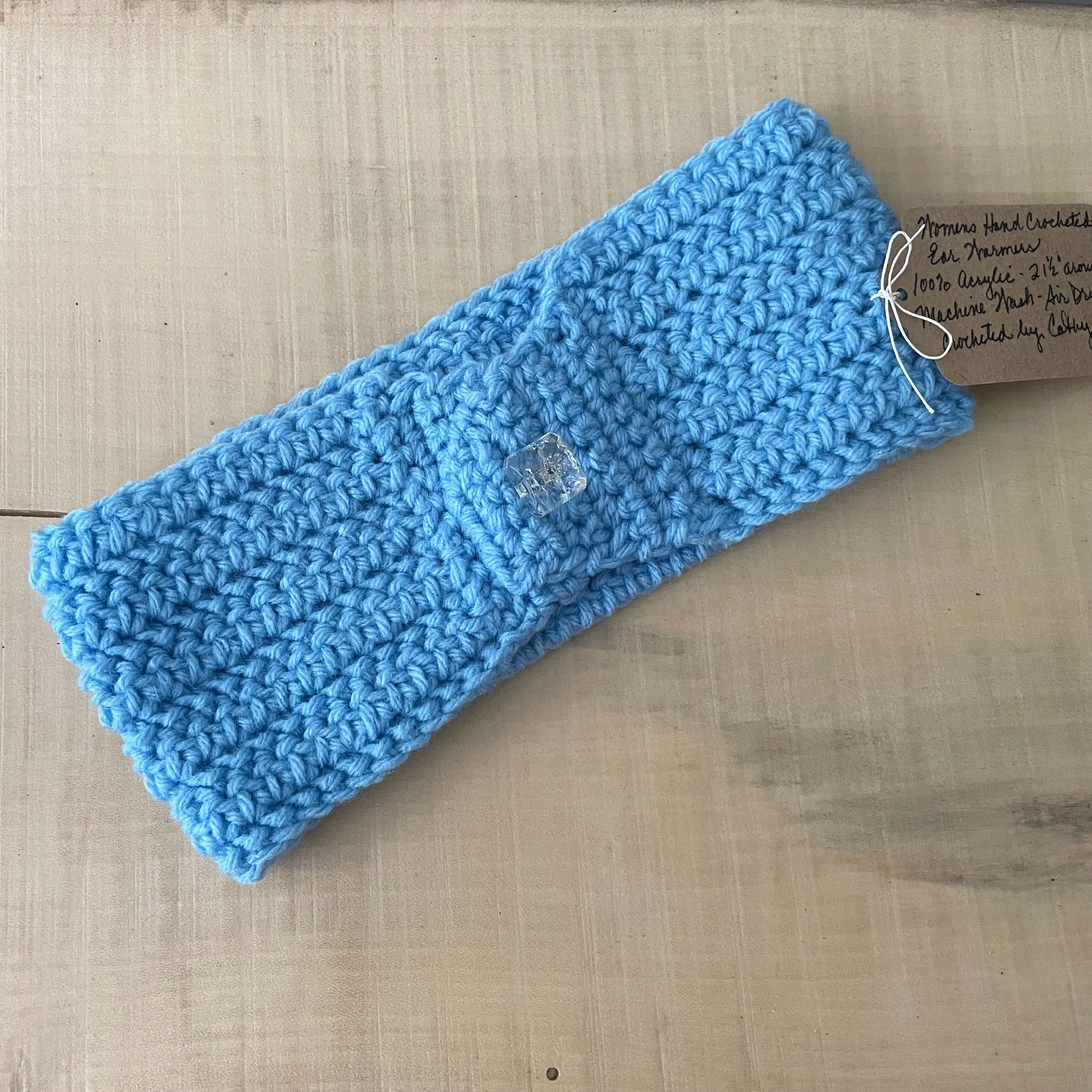 Solid Light Blue & Sparkle Button Ear Warmer Headband Crochet Knit Hand Crafted Outdoor Fall Winter Hiking Running Pastel Baby Blue