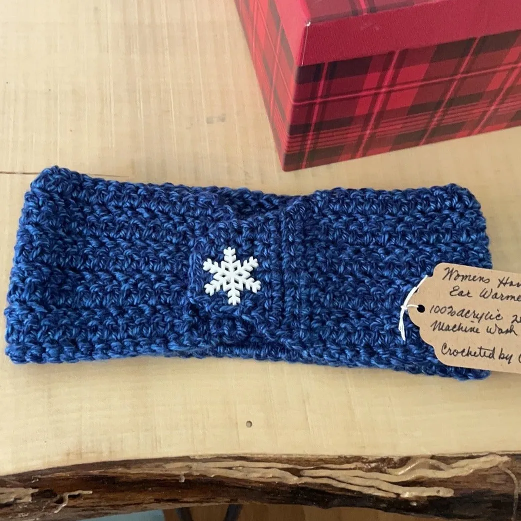 Space Blue Marble & White Snowflake Ear Warmer Headband Crochet Knit Hand Crafted Outdoor Fall Winter Hiking Running