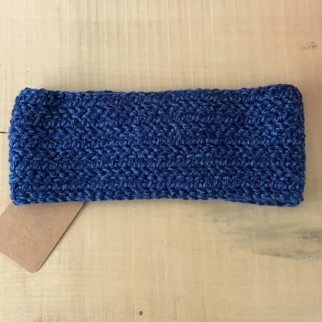 Space Blue Marble & White Snowflake Ear Warmer Headband Crochet Knit Hand Crafted Outdoor Fall Winter Hiking Running