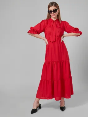 Style Quotient Women Red Solid Polyester Tiered Smart Casual Dress