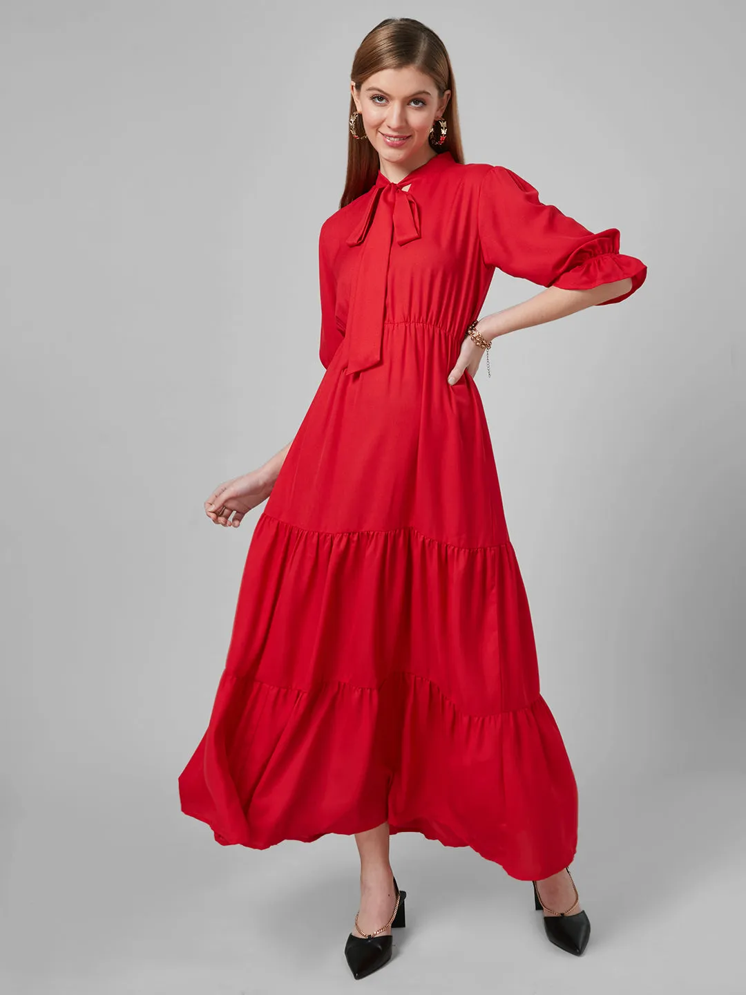Style Quotient Women Red Solid Polyester Tiered Smart Casual Dress