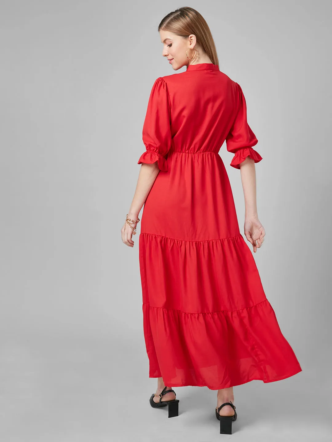 Style Quotient Women Red Solid Polyester Tiered Smart Casual Dress