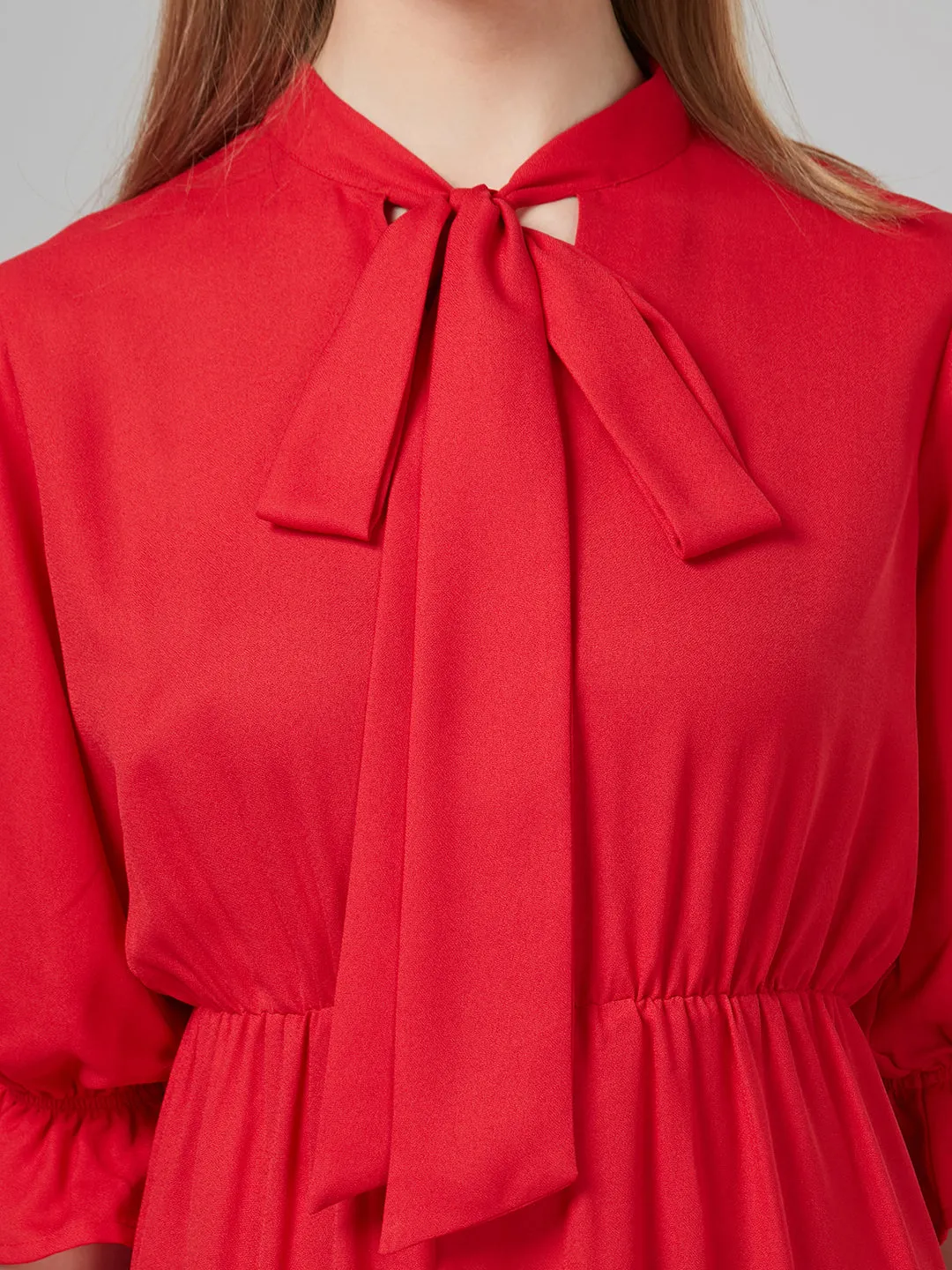 Style Quotient Women Red Solid Polyester Tiered Smart Casual Dress