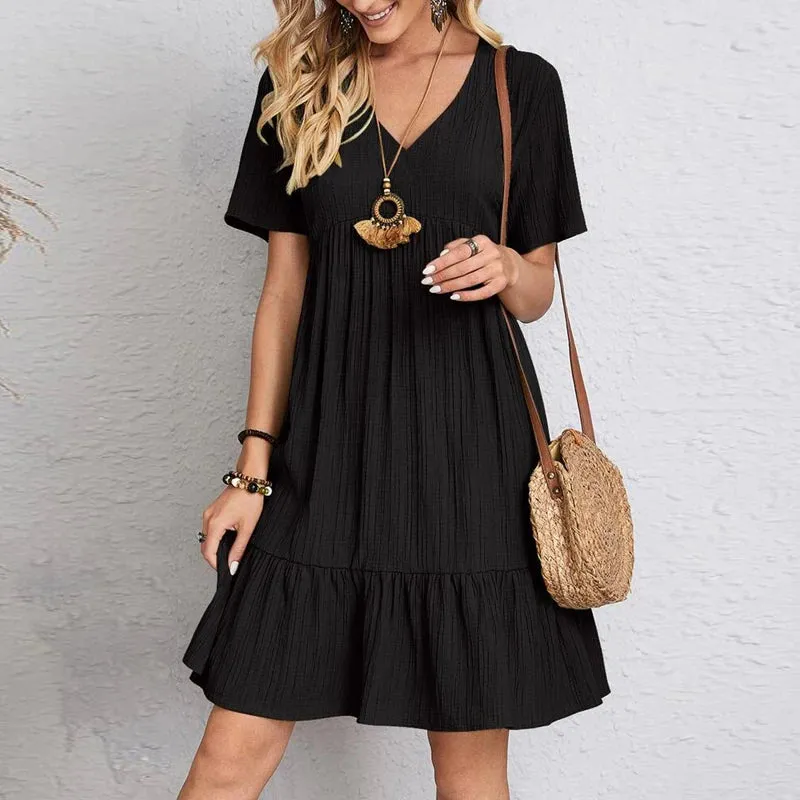 Vintage Solid Elegant Women Dress Summer Fashion Casual V-Neck High Waist A-Line Mini Dress for Parties and Outings