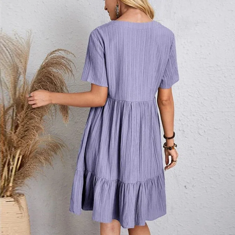 Vintage Solid Elegant Women Dress Summer Fashion Casual V-Neck High Waist A-Line Mini Dress for Parties and Outings
