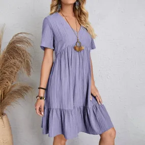 Vintage Solid Elegant Women Dress Summer Fashion Casual V-Neck High Waist A-Line Mini Dress for Parties and Outings