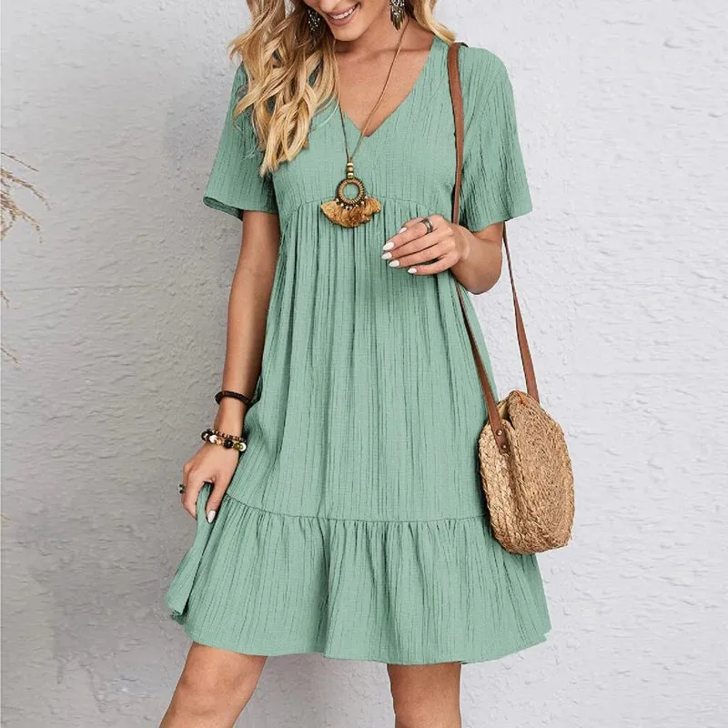 Vintage Solid Elegant Women Dress Summer Fashion Casual V-Neck High Waist A-Line Mini Dress for Parties and Outings