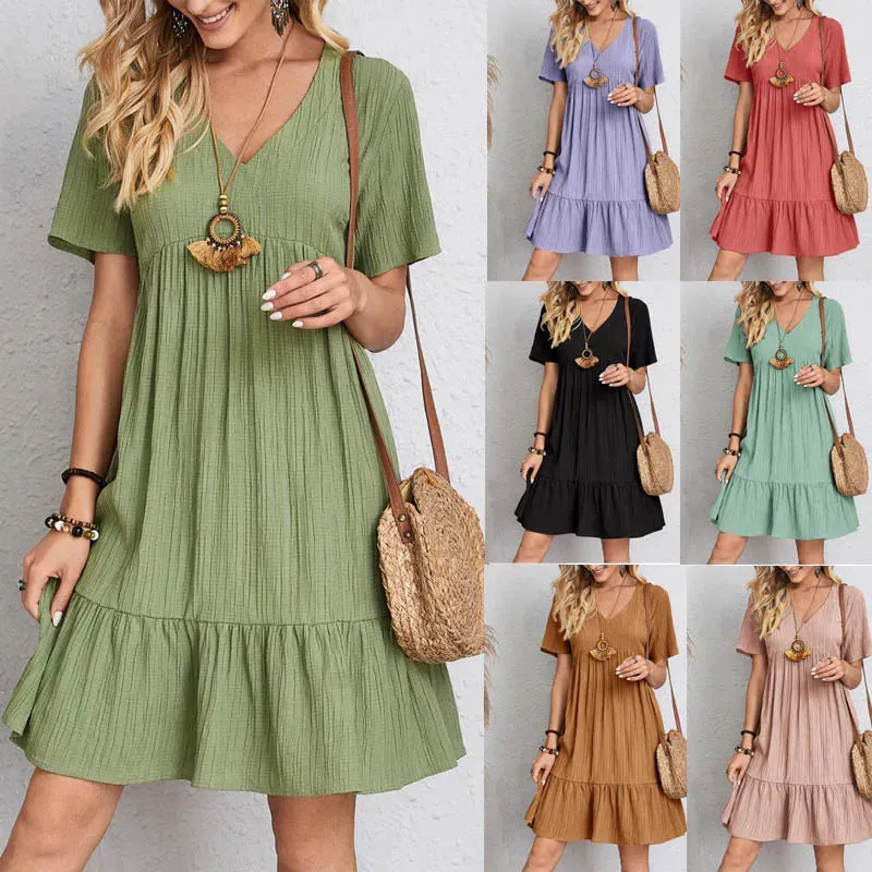 Vintage Solid Elegant Women Dress Summer Fashion Casual V-Neck High Waist A-Line Mini Dress for Parties and Outings