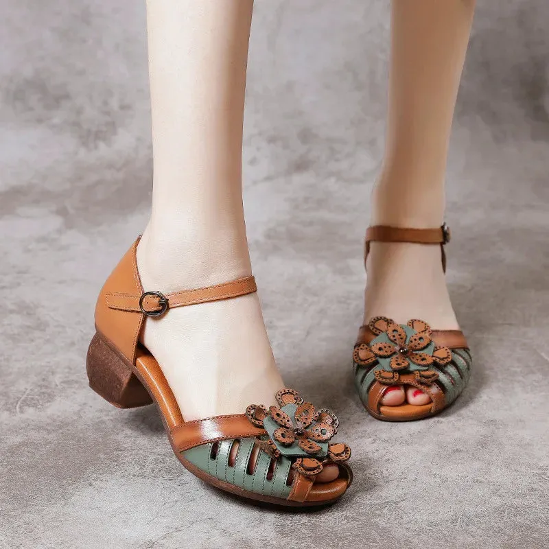 WOIZGIC Women Genuine Leather Sandals  Retro Flowers High Heel Buckle Strap