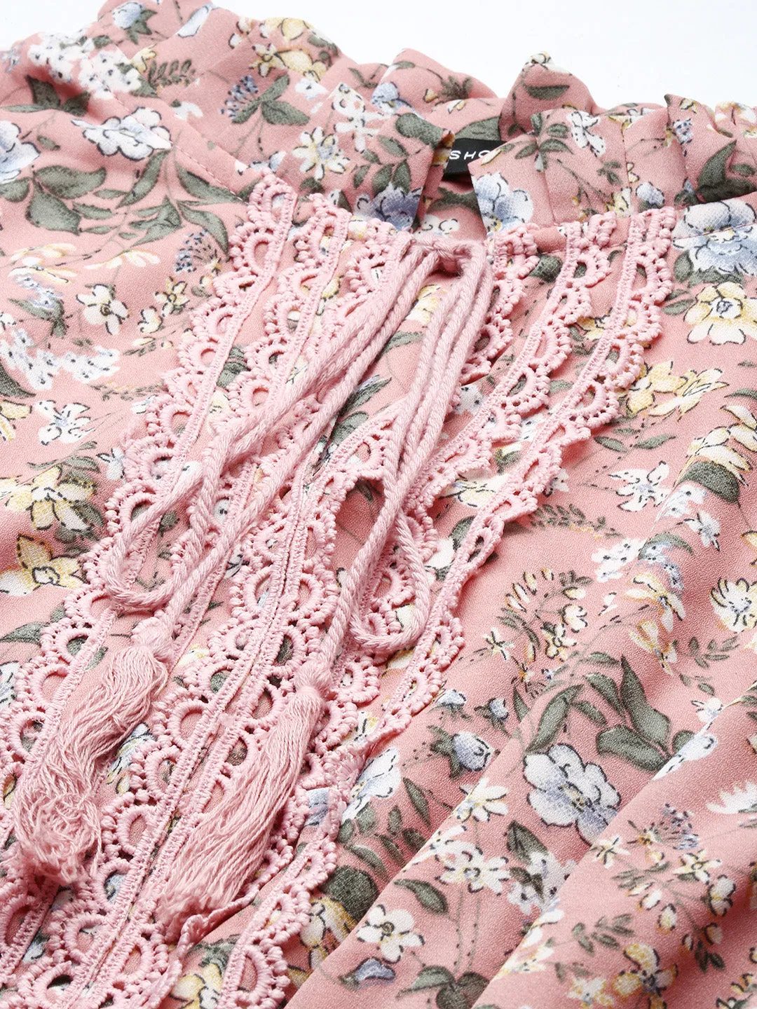 Women Keyhole Neck Puff Pink Floral Fit and Flare Dress