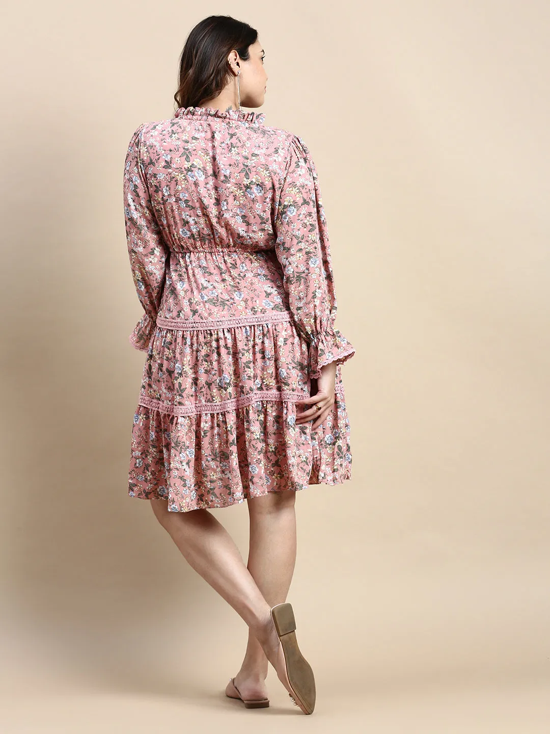 Women Keyhole Neck Puff Pink Floral Fit and Flare Dress