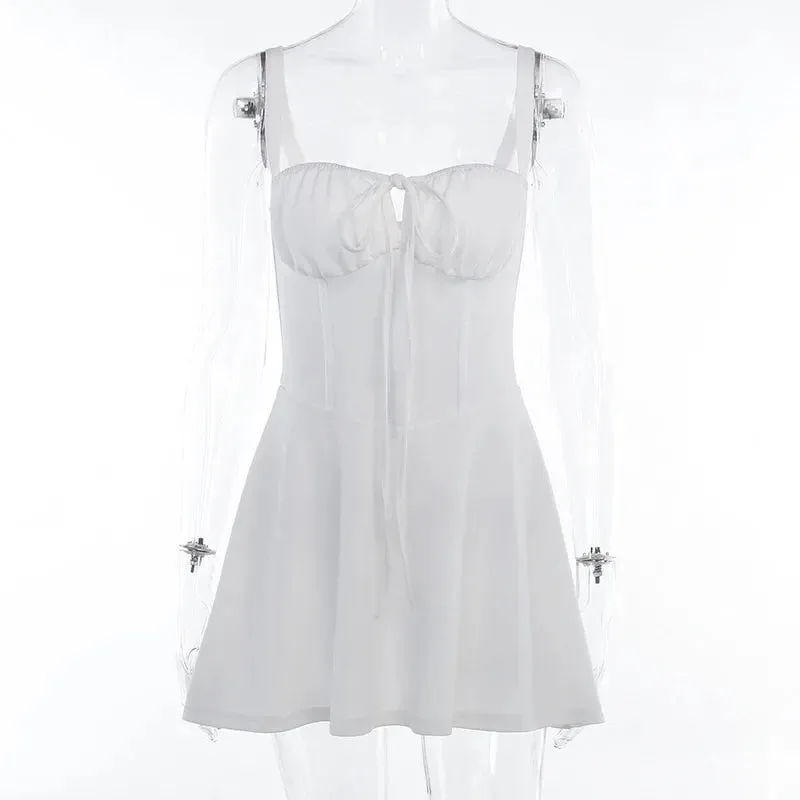 Women Summer Casual Sling Dress Tie-Up Fishbone Waist Backless