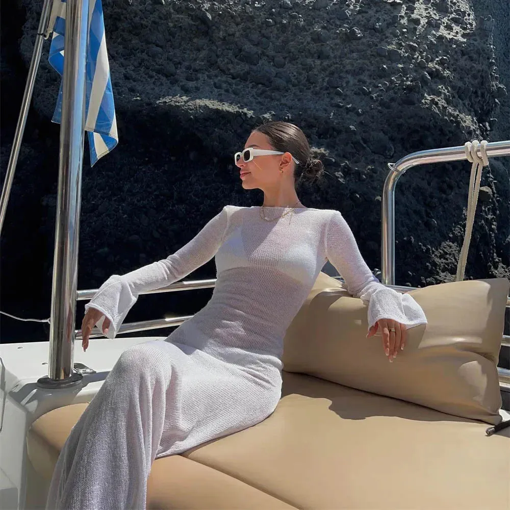 Women Summer Mesh Wrapped Dress Long Sleeve Backless Beach Dress