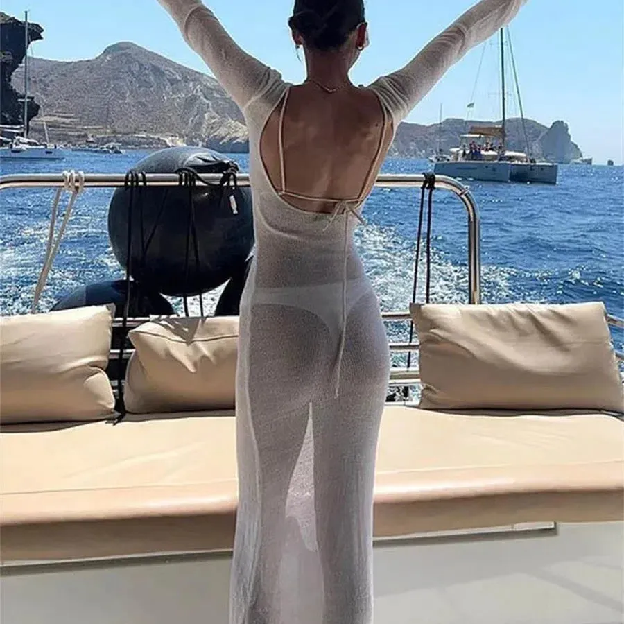 Women Summer Mesh Wrapped Dress Long Sleeve Backless Beach Dress