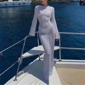 Women Summer Mesh Wrapped Dress Long Sleeve Backless Beach Dress