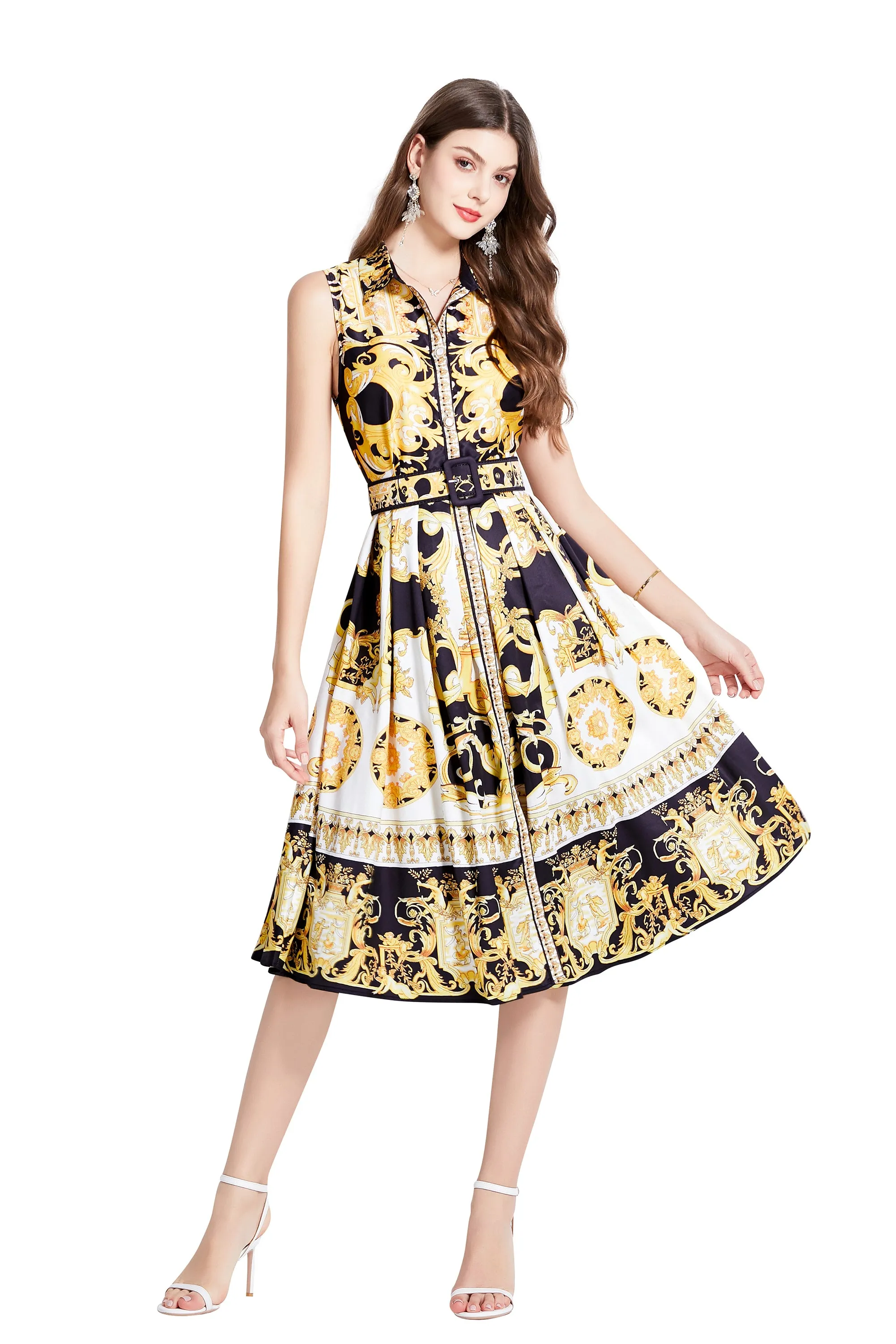 Women's Boho Floral Print Sleeveless Button Down Midi Sun Dress