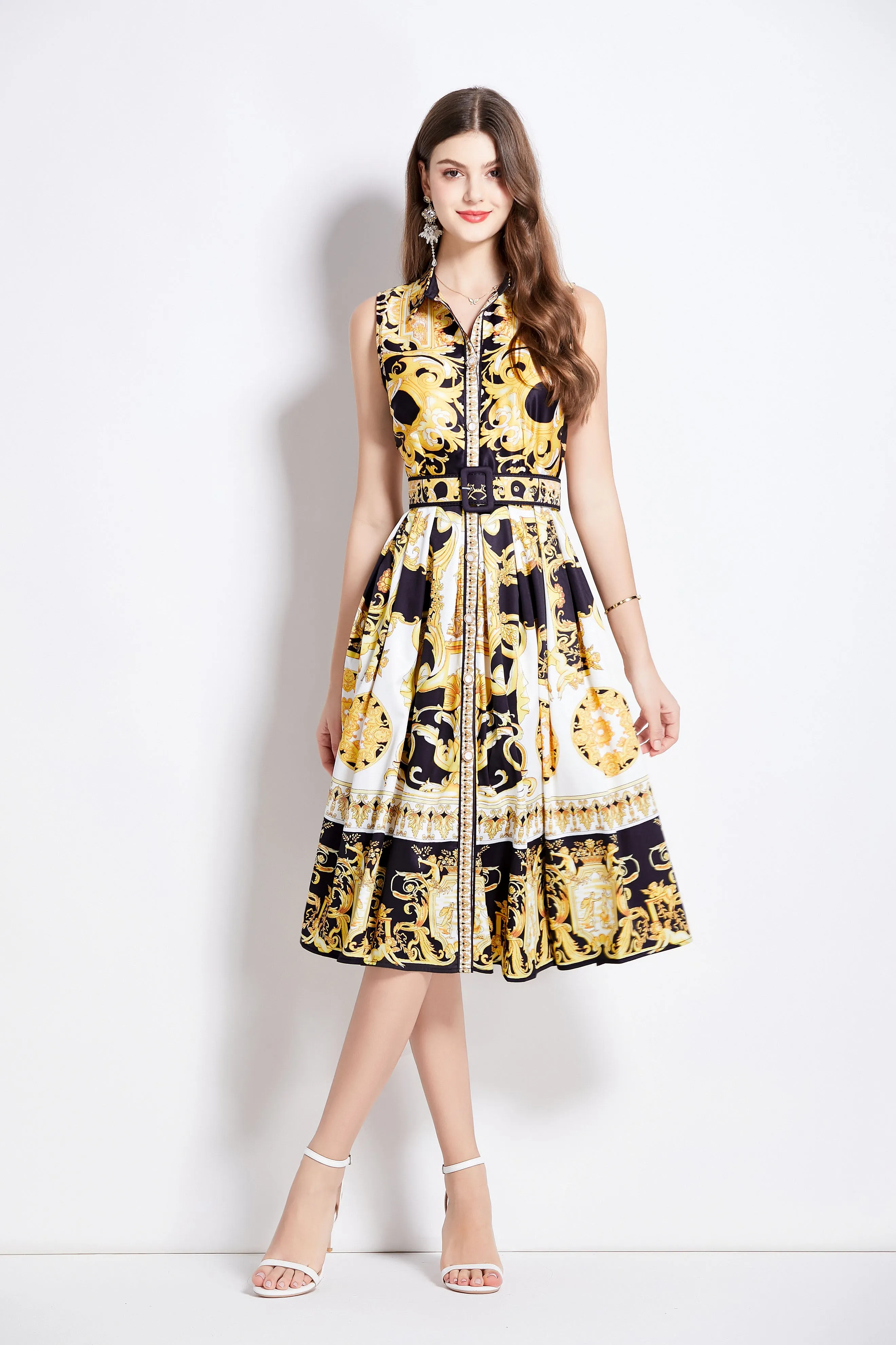 Women's Boho Floral Print Sleeveless Button Down Midi Sun Dress