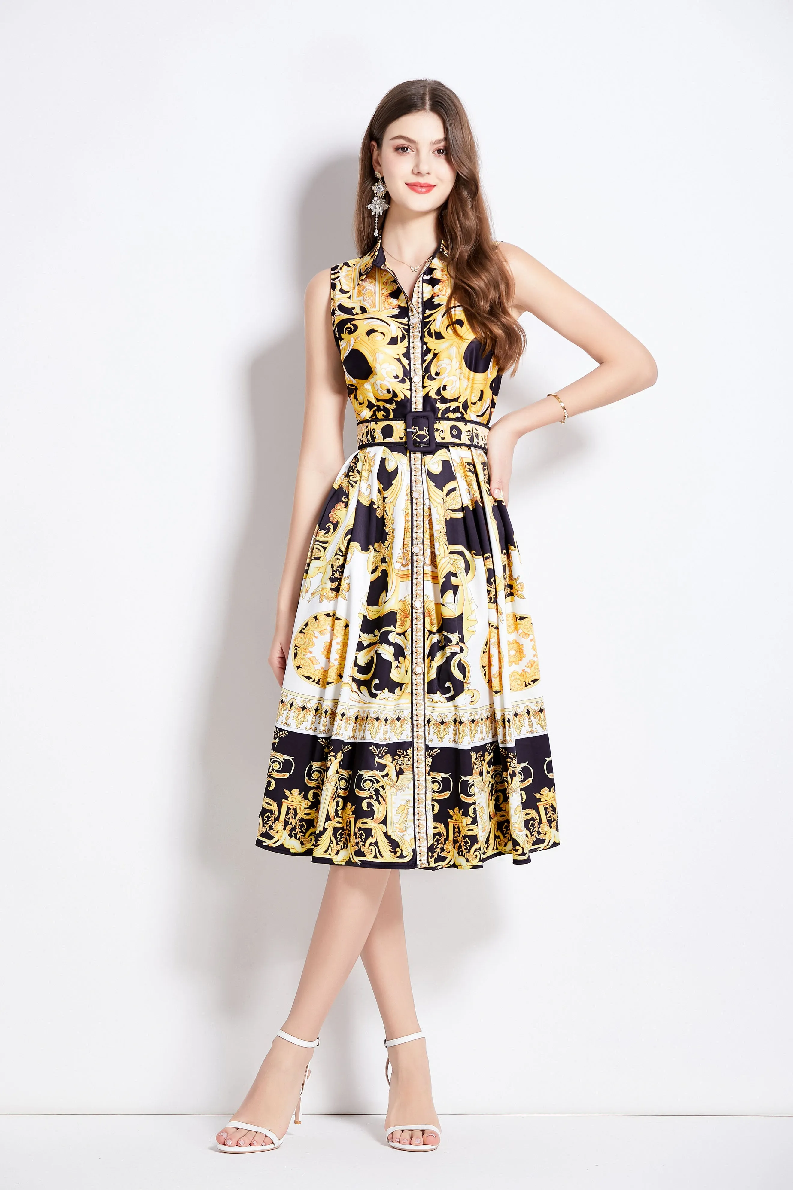 Women's Boho Floral Print Sleeveless Button Down Midi Sun Dress