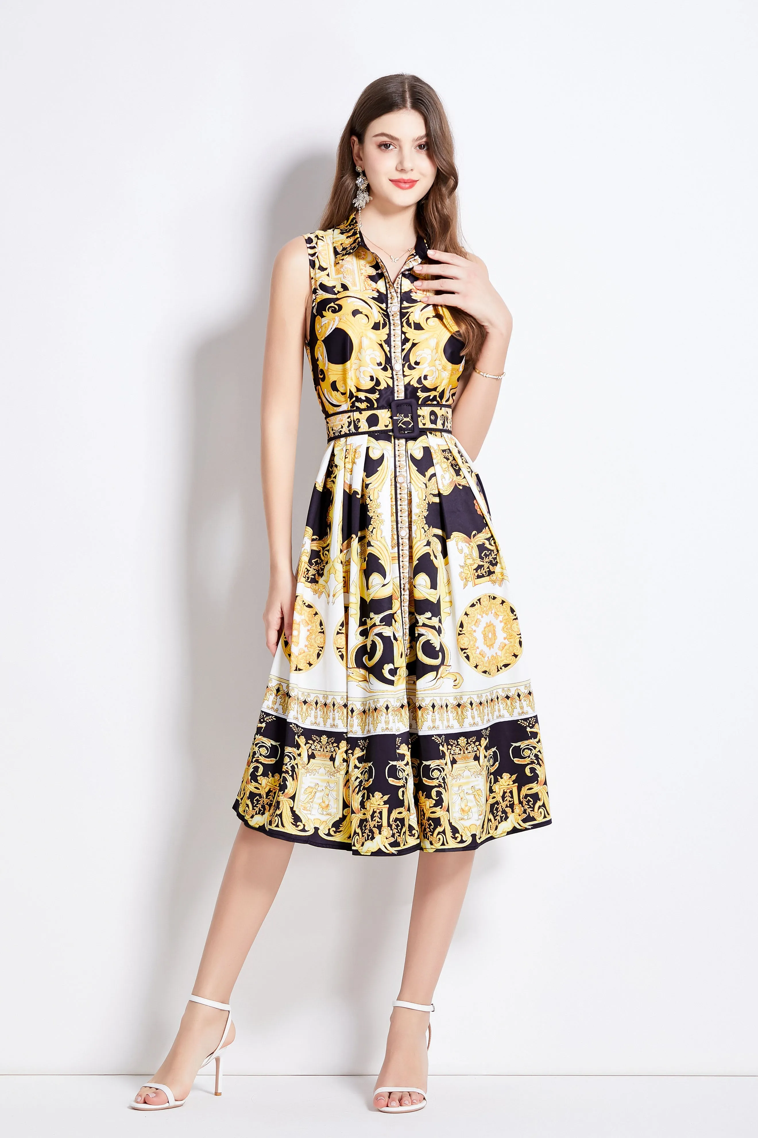 Women's Boho Floral Print Sleeveless Button Down Midi Sun Dress
