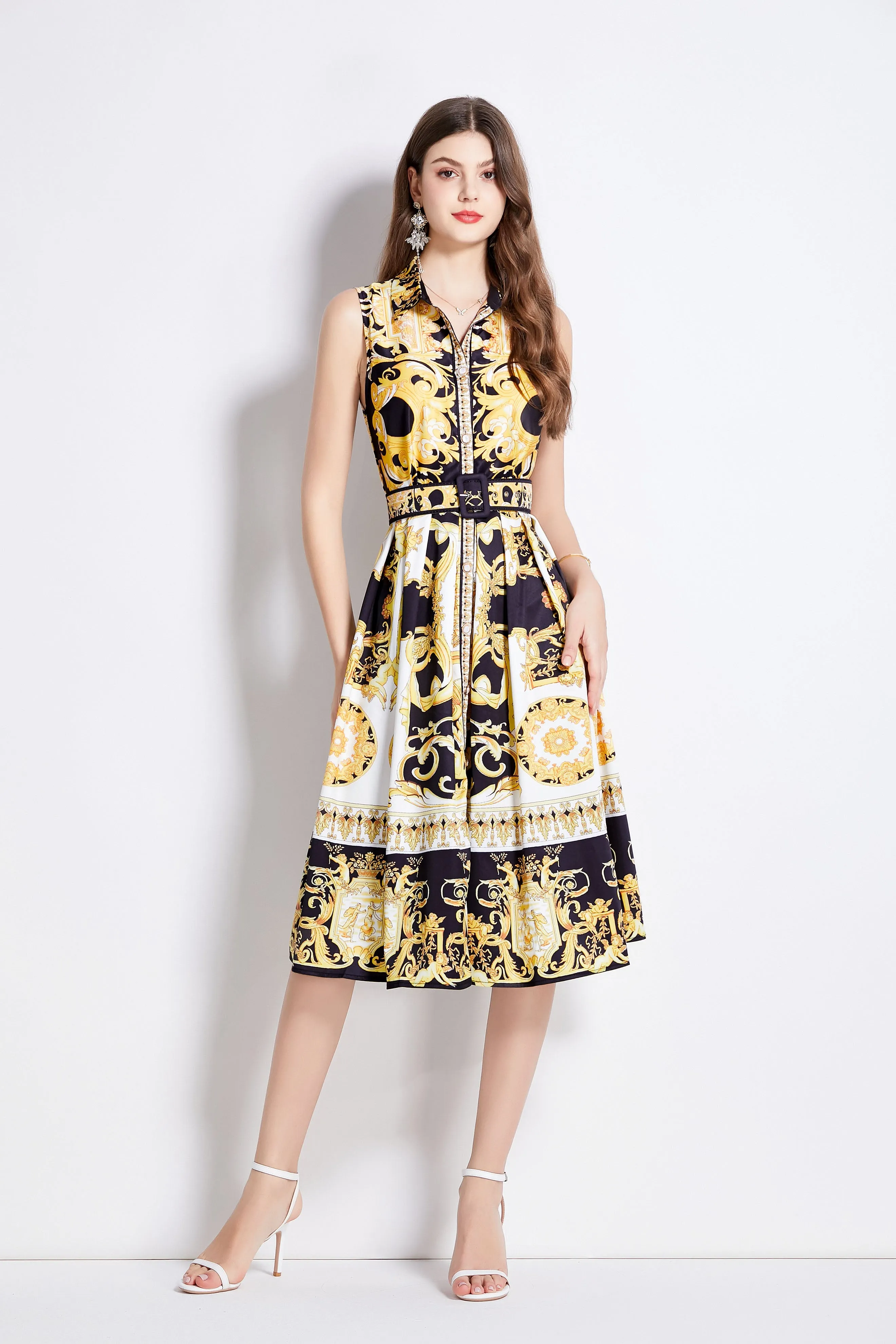 Women's Boho Floral Print Sleeveless Button Down Midi Sun Dress