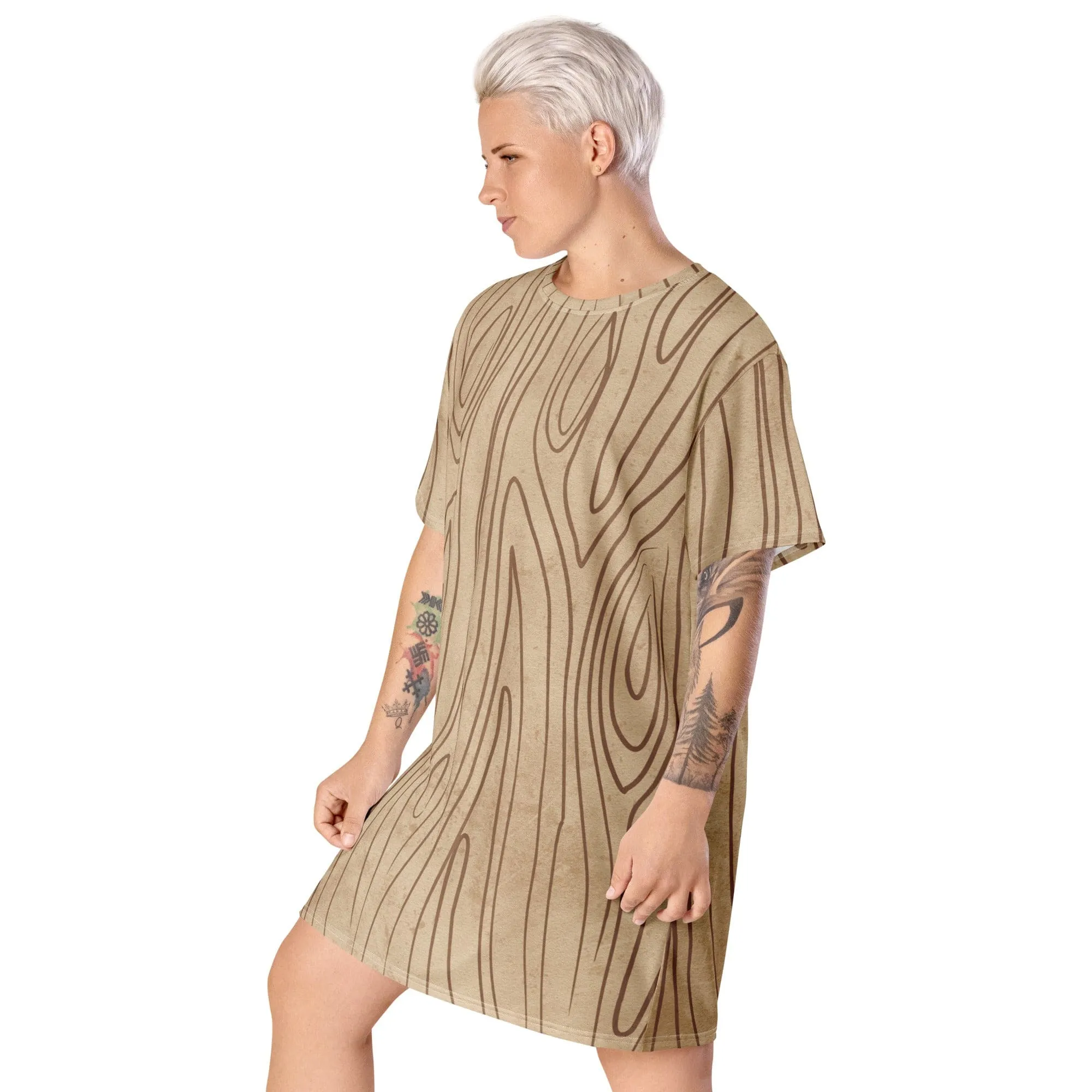 Womens Graphic T-shirt Dress - Beige Brown Tree Sketch Lines
