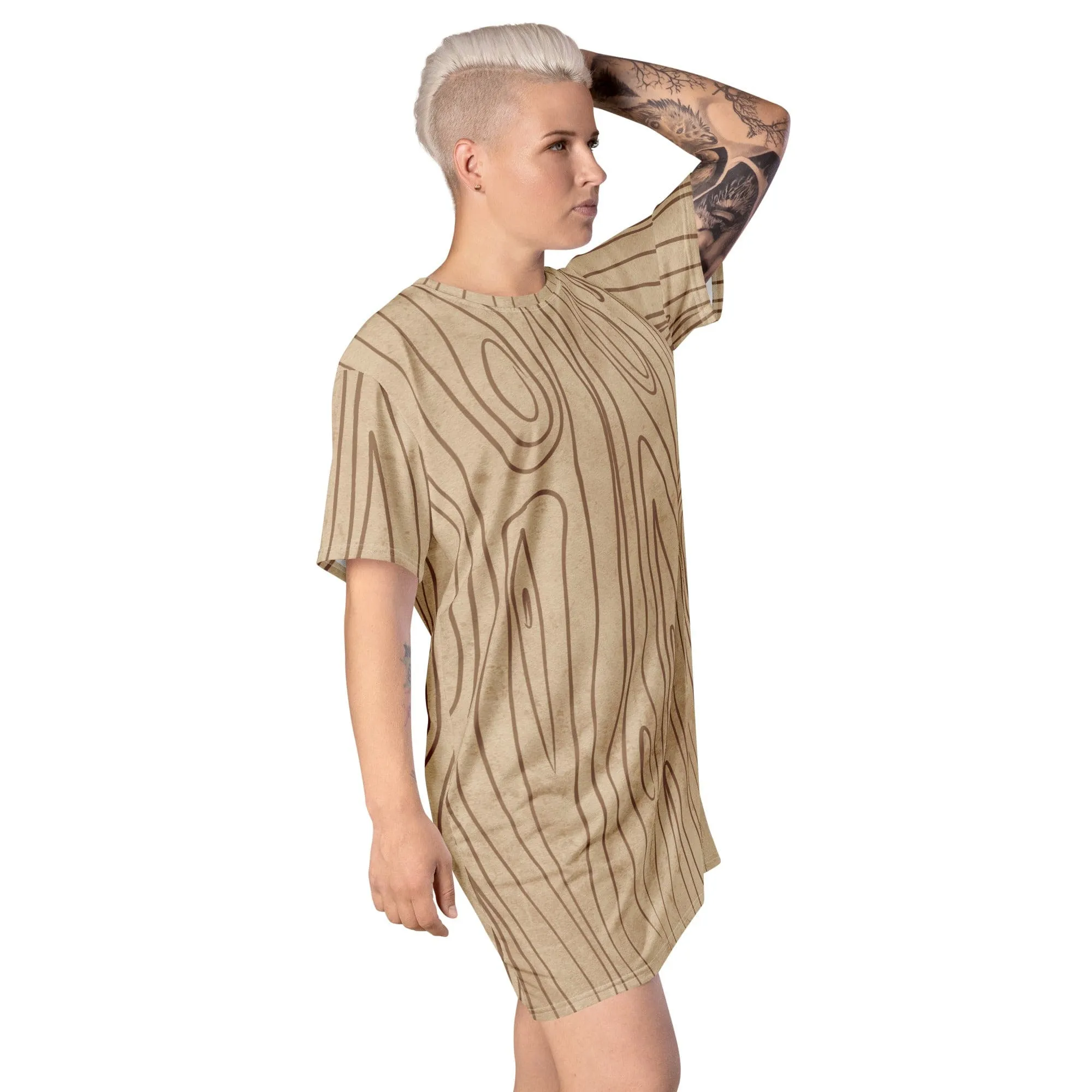 Womens Graphic T-shirt Dress - Beige Brown Tree Sketch Lines