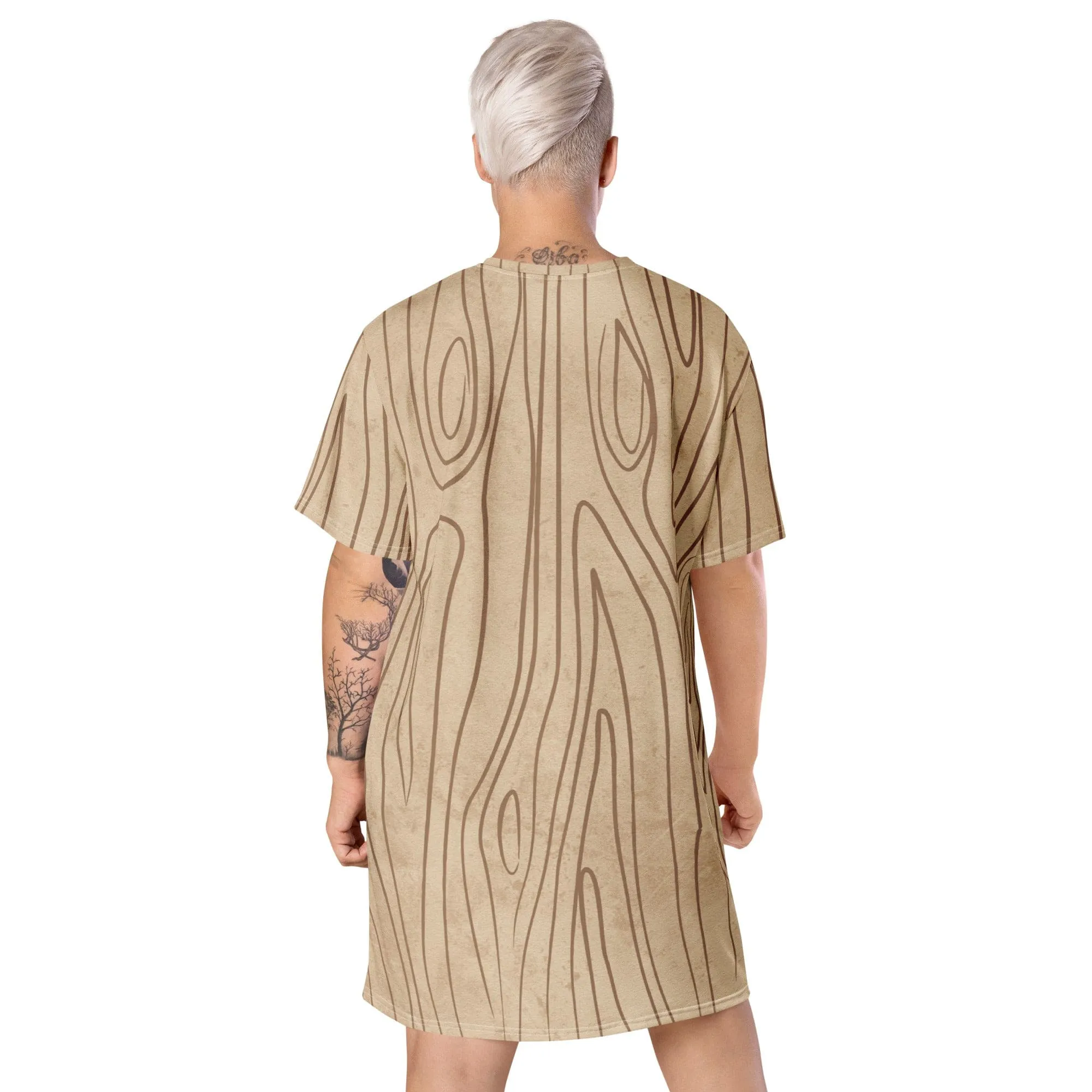 Womens Graphic T-shirt Dress - Beige Brown Tree Sketch Lines