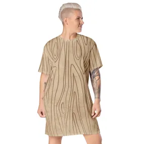 Womens Graphic T-shirt Dress - Beige Brown Tree Sketch Lines