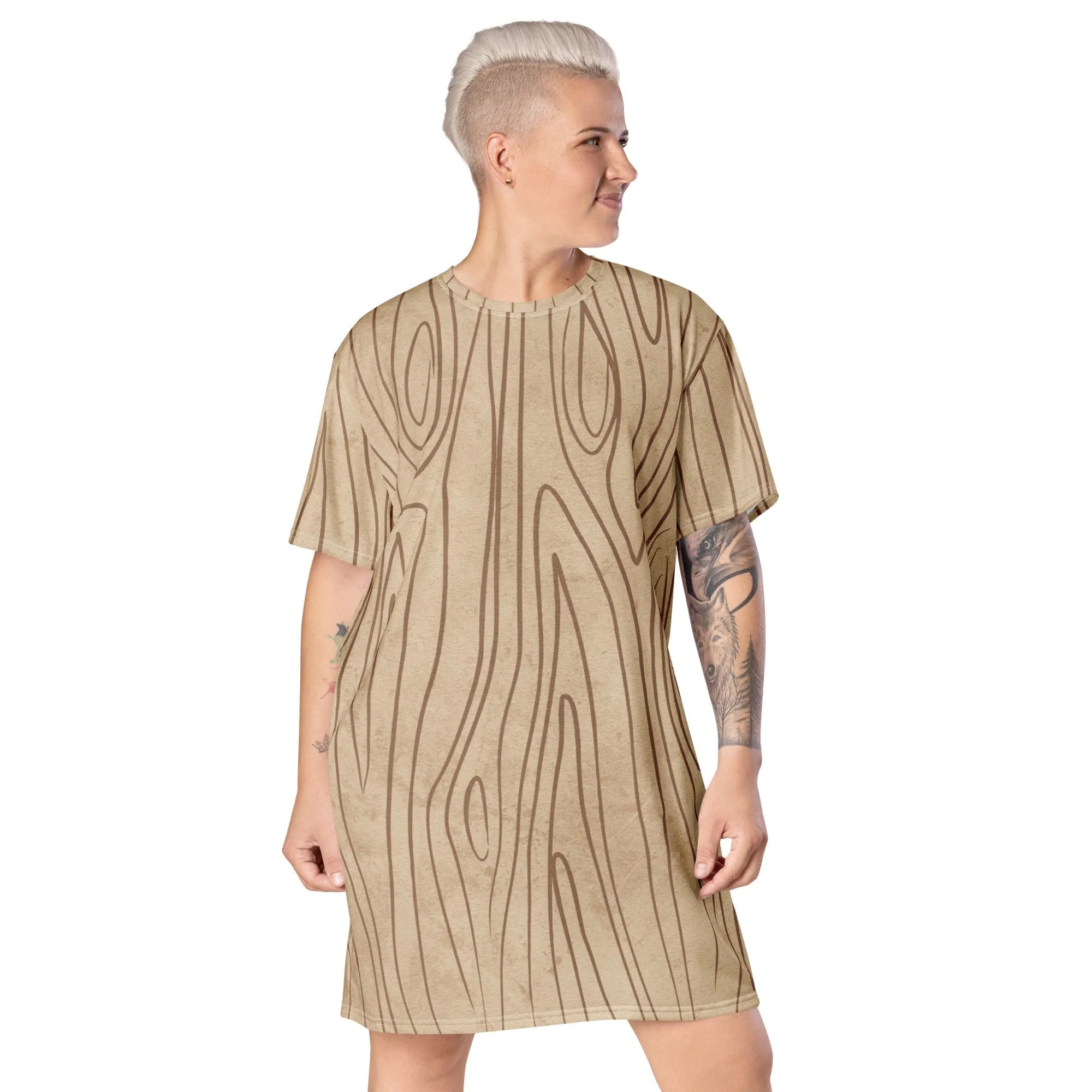 Womens Graphic T-shirt Dress - Beige Brown Tree Sketch Lines