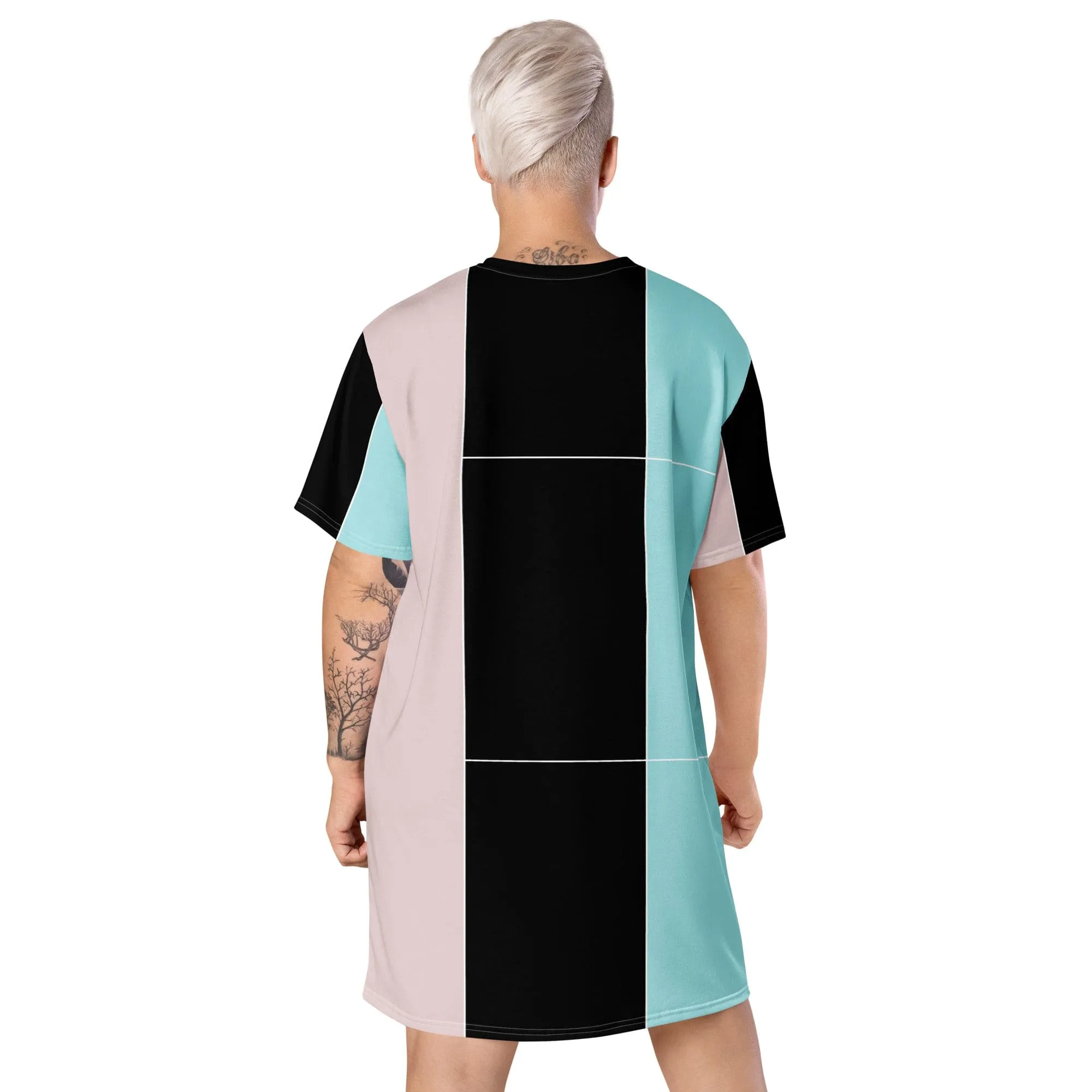 Womens Graphic T-shirt Dress - Pastel Pink Black Blue Colorblock Lines