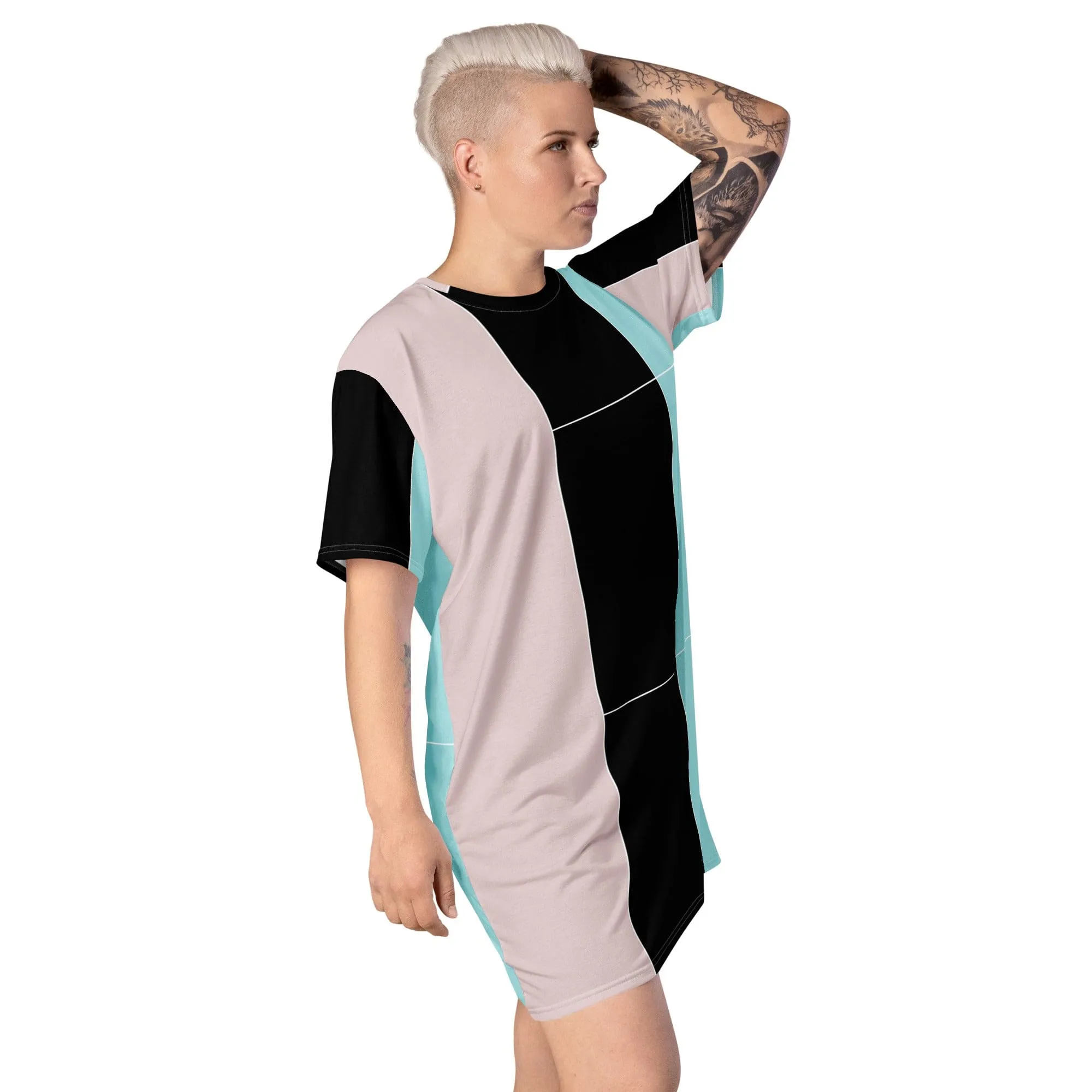 Womens Graphic T-shirt Dress - Pastel Pink Black Blue Colorblock Lines