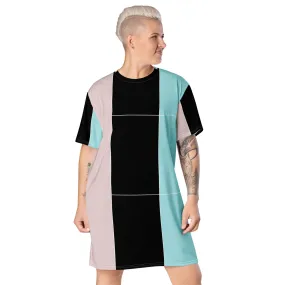 Womens Graphic T-shirt Dress - Pastel Pink Black Blue Colorblock Lines